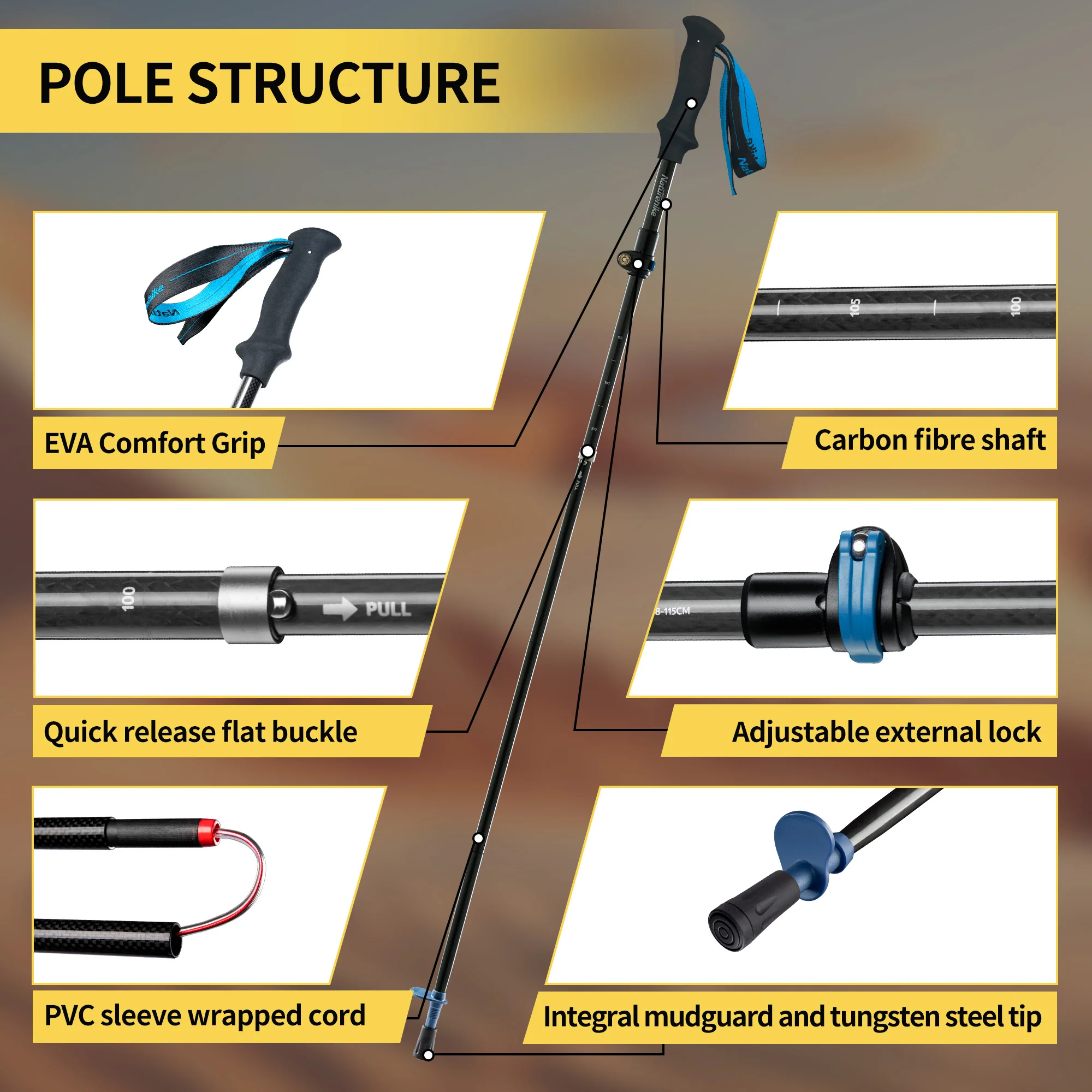 Naturehike Gale Terk EXT Full Carbon 5-section Adjustable Folding Trekking Pole - Image 3