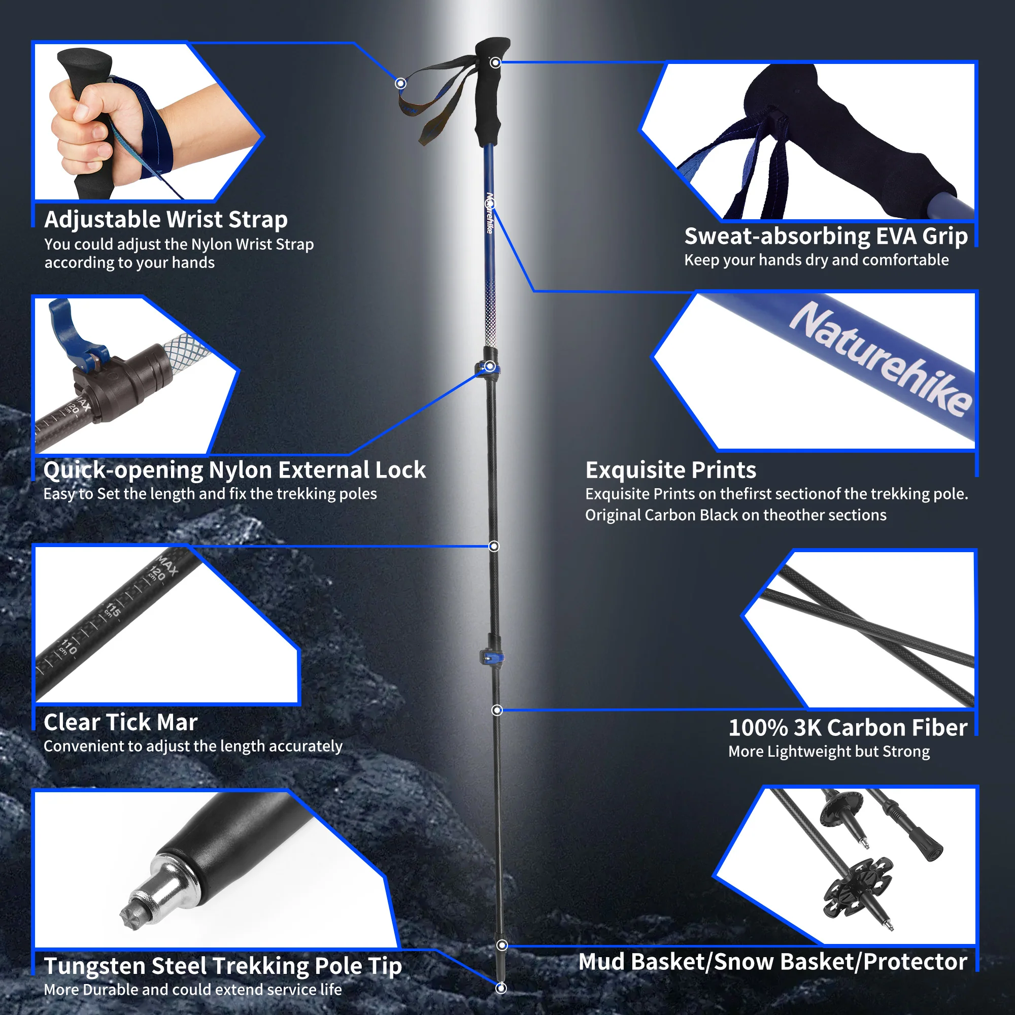 Naturehike Light Wind ULTRA LIGHT Carbon Fiber Trekking Pole (62-135cm) - Image 4