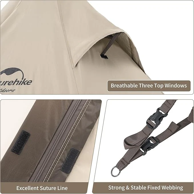 Naturehike Pyramid Tipi Tent 3 to 4 Person Waterproof Windproof Easy Setup Camping Shelter - Image 3